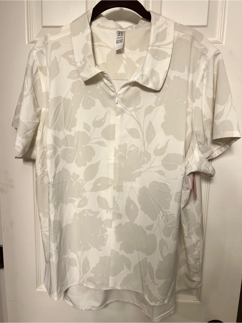 SPANX Ivory Floral Short Sleeve Zip Polo